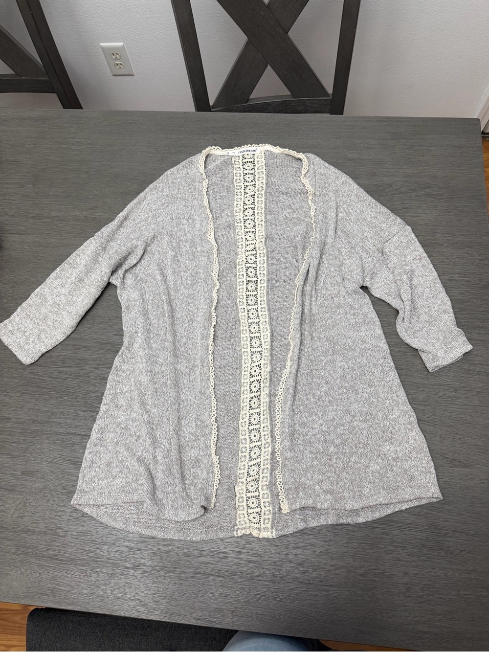 Maurices Light Gray Open-Front Cardigan with Cream Lace Trim